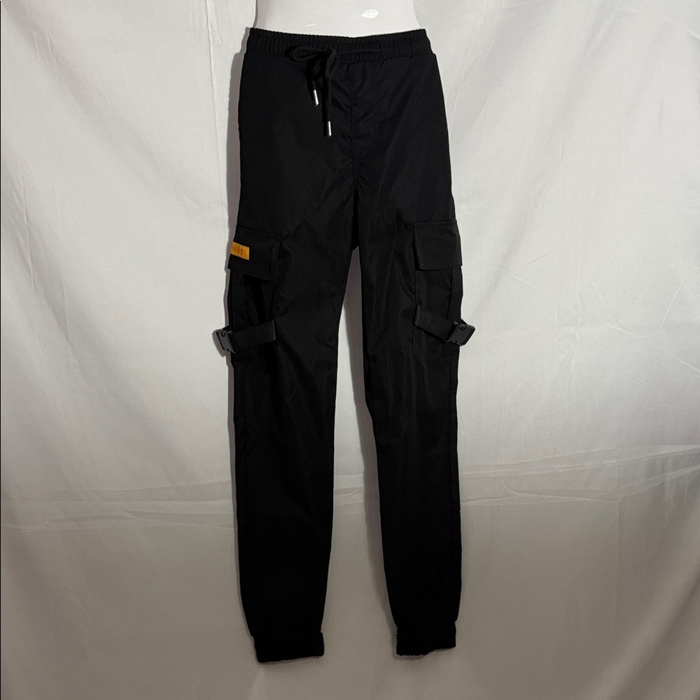 Smoke and Ash Men's Black Cargo Pants with Buckle Accents